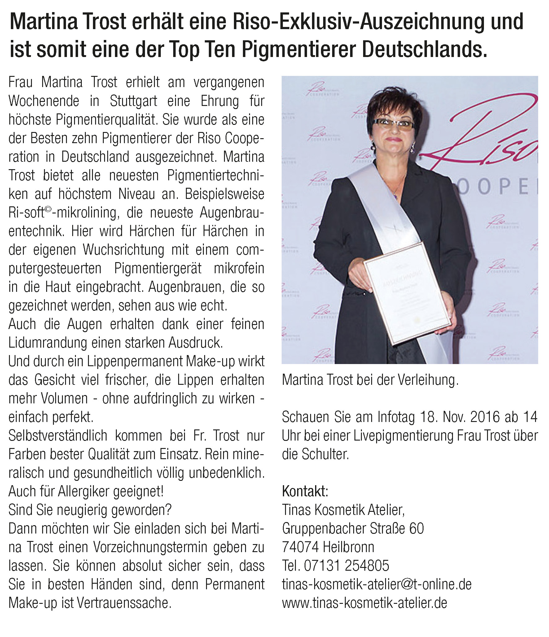 Martina Trost erhält eine Riso-Exklusiv-Auszeichnung